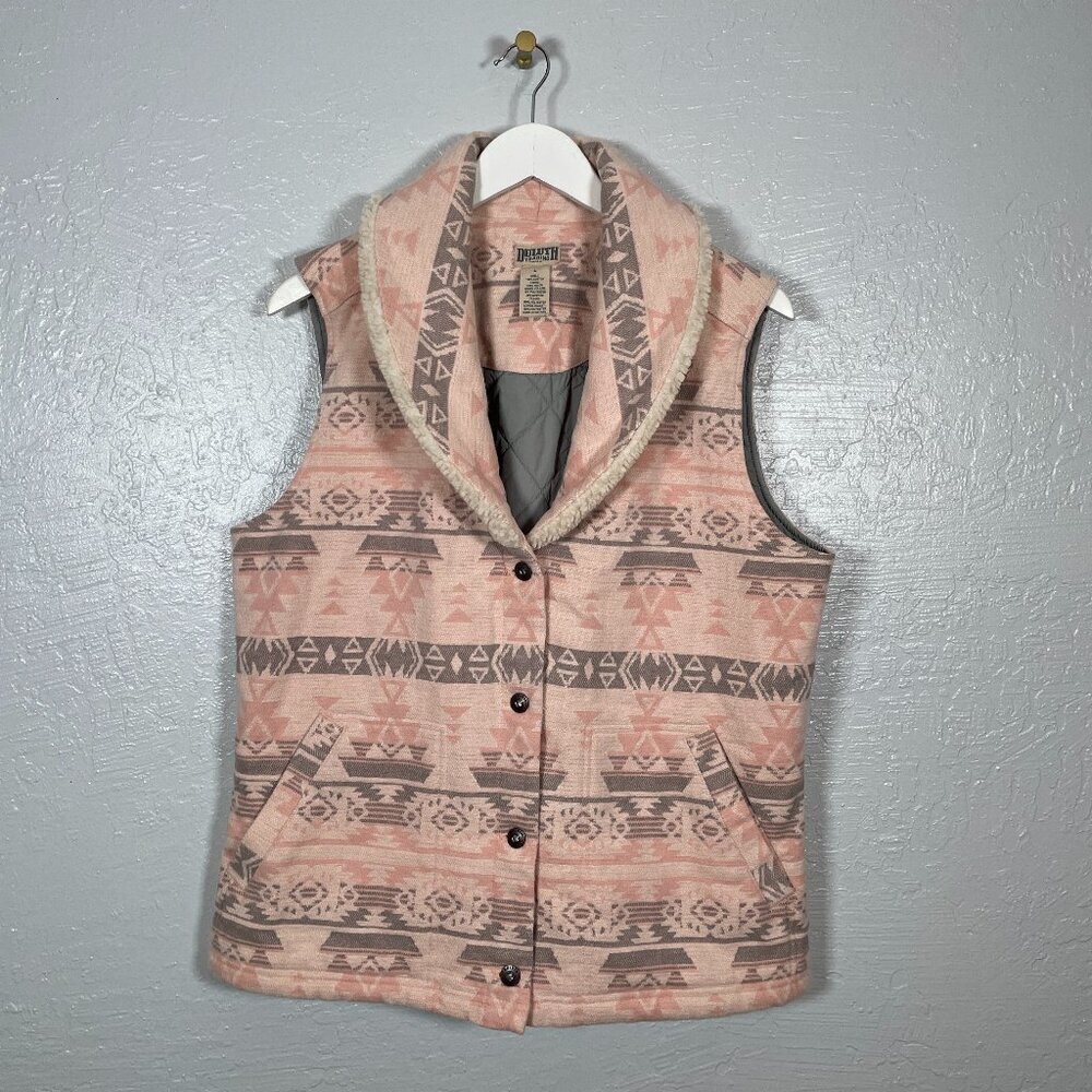Duluth Trading Women L Pink Gray Southwest Print Festivest Sherpa Vest Pockets